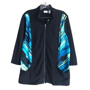 Chico's Womens Jacket Size 2 Black Casual Active Stretch Full Zip 3/4 Sleeve ff